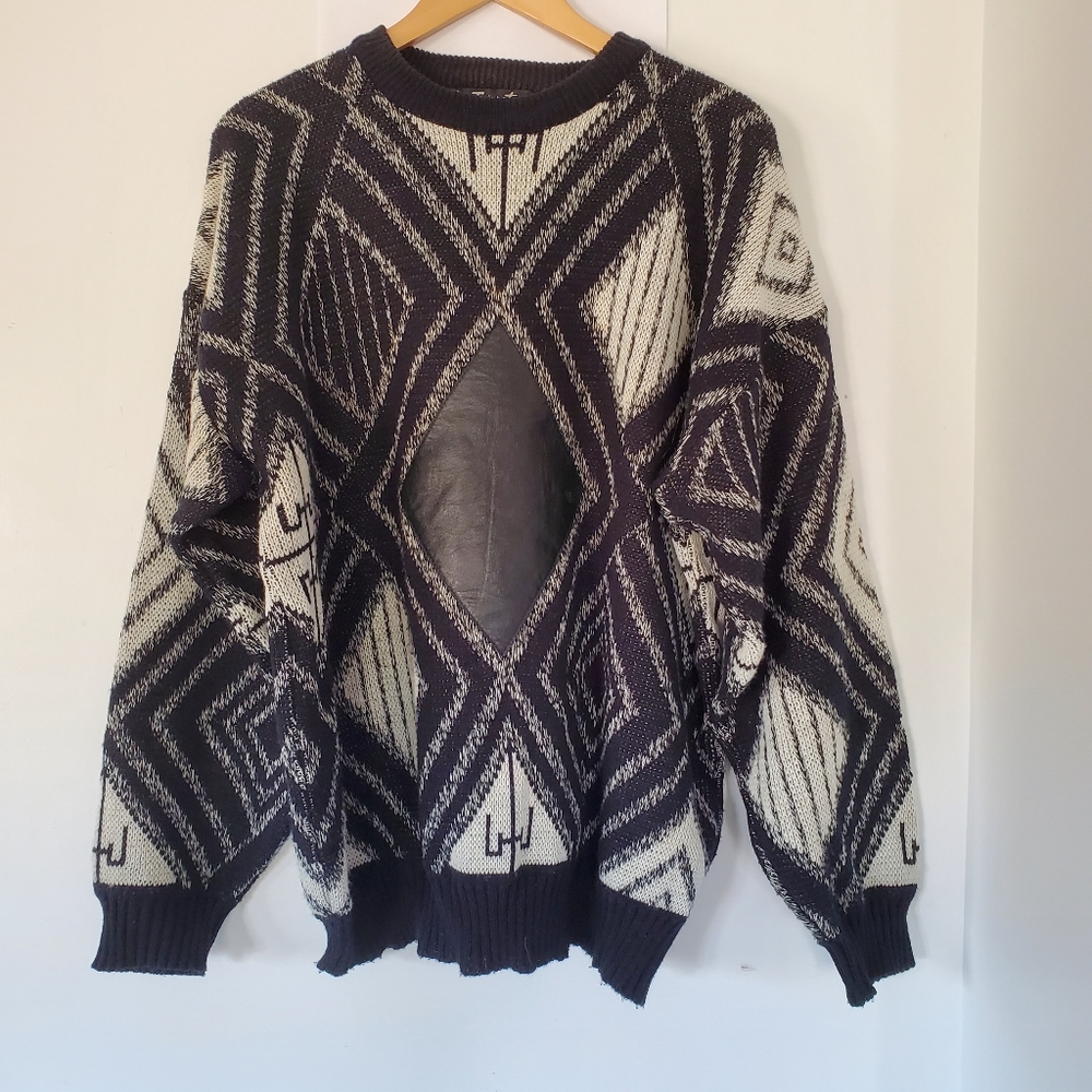 VTG 90s IMPACT Leather Accent Black White Geo Print Sweater Acrylic Knit City
